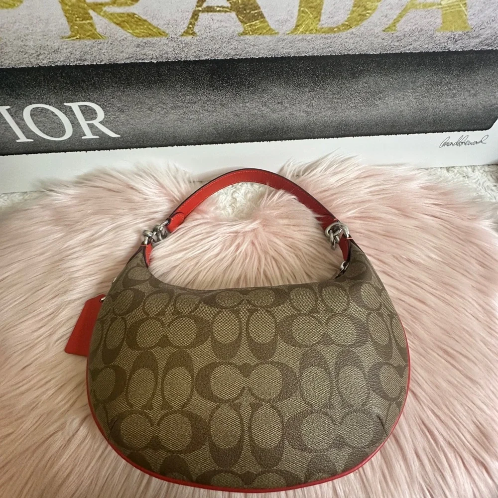 COACH PVC Signature/Leather Payton Shoulder Bag Khaki/Electric Red